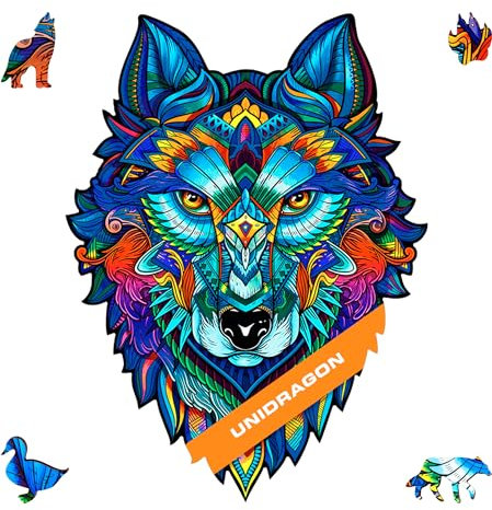 UNIDRAGON Original Wooden Jigsaw Puzzle - Majestic Wolf, 99 pcs, Small 6.7х9.5, Unique Animal Shaped Puzzle Box, Birthday Gift Idea for Kids, Adults, Girls, Boys, Family Game and Hobby