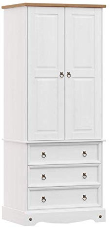 Home Source Solid Pine Wood 2 Door, 3 Drawer Bedroom Wardrobe, White