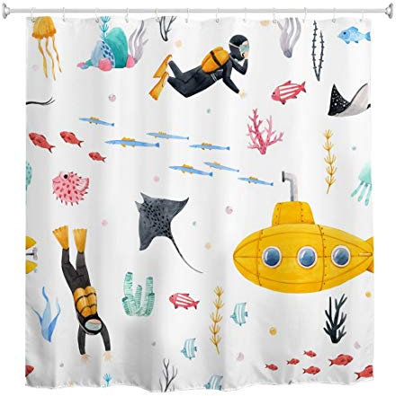 A.Monamour Rideau de Douche Anti Moisissure Imperméable Tissu Aquarelle Dessin Animé Marin Bateau Plongeur Poisson Corail Polyester Étanche Rideau pour Salle de Bain Baignoire avec Crochets 150x180cm