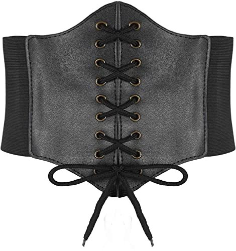 Hoerev Damen Mädchen Elastisch Breites Band Elastisch Gebunden Waspie Korsett Taille Gürtel Bustiers Korsetts,Schwarz mit Kupferknopf,M