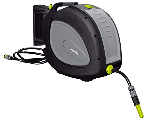 Jardibric Carrete automático de pared de 35 m Ø12,5 mm retráctil con extensión + nariz de grifo + accesorios + Lanza de riego, enrollador automático