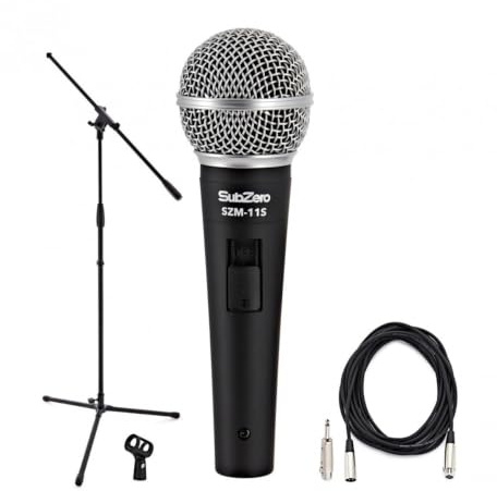 SubZero SZM-11S Dynamic Vocal Microphone with Switch, Boom Stand Pack | For stage and studio, on/off switch, detailed frequency range, tailored contour suits any voice