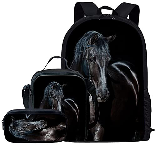 Kuiaobaty Schulranzen Set für Mädchen Jungen 3 in 1 Schultasche mit Lunchtasche Federmäppchen für Mittelschule, Schwarzes Pferd, Einheitsgröße, Modern