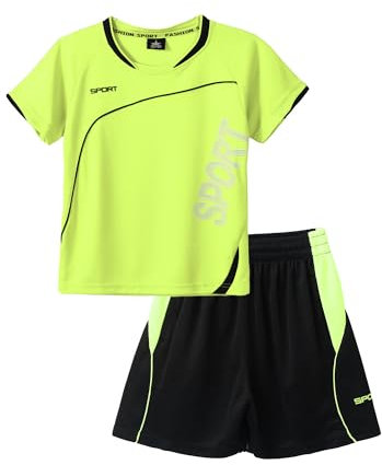 Jowowha Kinder Sport Kleidung Set Jungen Sports Trikots Kurzarm T-Shirt und Shorts Sport Trainingsanzug Fussball Basketball Kleidung Fluorescent Grün 122-128