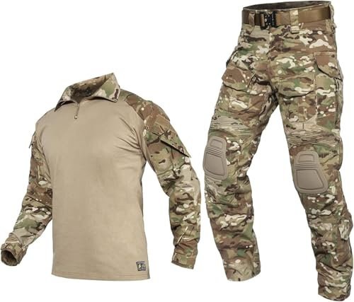 YEVHEV Taktischer Anzug für Herren, Hemd und Hose mit Knieschützern und Ellbogenschützern, für Outdoor-Aktivitäten, ohne Gürtel (CP, Hemd:M Hose:34)