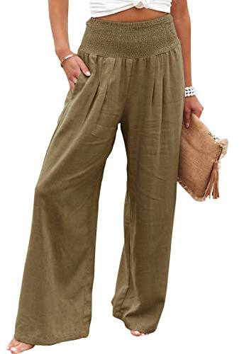 Women Cotton Linen Pants Casual Loose Solid Color Beach Pants Elastic High Waist Wide Leg Palazzo Yoga Lounge Trousers with Pockets (Army Green, M)