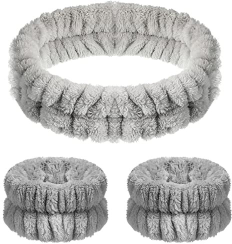 Chuangdi 3 Stück Spa Gesicht Stirnband Handgelenk Waschbänder Set Weiches Makeup Haarband Elastisch Handgelenk Schweißband Flauschiges Kosmetik Stirnband für Damen Mädchen (Grau, Reiner Stil)