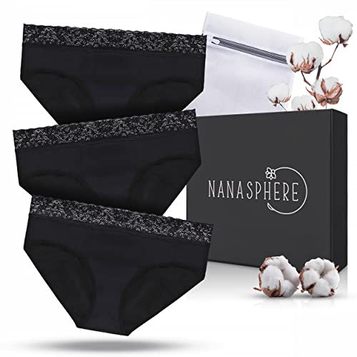 Lot 3 Culottes Menstruelles Ultra Absorbante Coton Bio + Sac | Flux Abondant sous Vêtement Règles Fuites Post Accouchement Adolescente (FR/ES, Alpha/Lettres, TG, Taille Normale, Taille Normale, Noir)