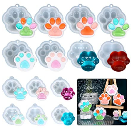 HyzaPhix Moules en Résine Époxy, 14pcs Moulle en Silicone Forme de Patte de Chat Griffe Chien Moulage Cat Paw Print Resin Mold pour DIY Bijoux, Pendentif, Porte-clés, Bougies (paw print)