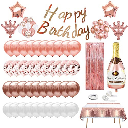 Décoration d'anniversaire rose doré Ballons Anniversaire Femme Rose Gold Ballon Anniversaire Nappe Rideau Ballon Rose Kit Guirlande Happy Birthday