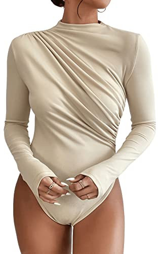 GORGLITTER Damen Body Elegant Langarm Bodysuit mit Rollkragen Rüschen Oberteil Sexy Top Body Aprikosenfarben L