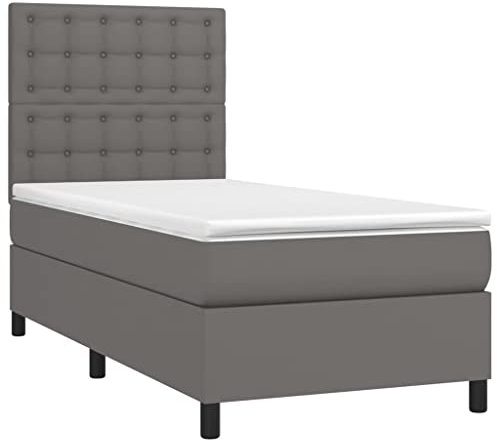 vidaXL Boxspringbett mit Matratze LED Kunstlederbett Polsterbett Einzelbett Bett Schlafzimmerbett Bettgestell Bettrahmen Lattenrost Hotelbett Grau 100x200cm