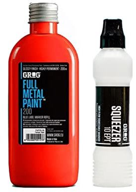 Graff-City Grog Full Metal Paint & Squeezer 10 EPT - 10mm Mop Marker & Gloss Permanent Paint Refill 200ml (Neon Orange)