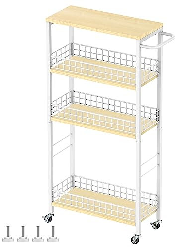 YBING Slim 4 Tier Kitchen Storage Trolley White Narrow Laundry Trolley on Wheels and Wooden Shelf Mobile Bathroom Storage Rack Small Space 18.5cm Wide