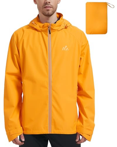ATLASLAVA Regenjacke Herren Wasserdicht Fahrradjacke Leicht Faltbare Atmungsaktiv Kapuze Outdoor Zum Laufen Wandern Orange XL