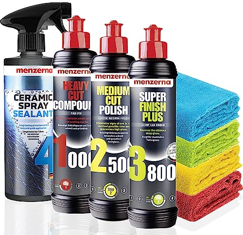 Menzerna Auto Polituren Set: Menzerna Heavy Cut Compound 1000 + Medium Cut Polish 2500 + Super Finish Plus 3800, 250ml + Ceramic Spray Sealant Protection 0,5L + 4x Mikrofasertuch 40x40cm, 550GSM