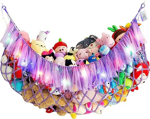 Teddy Net for Macrame Wall Hanging Net stuffed Animal Hammock with Light for Kid's Romm Bedroom Toy Organizers Soft Toys Storage (purple)