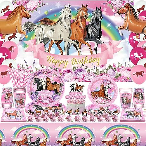 Obussgar Fournitures de fête de cheval rose pour fille, 159 décorations sur le thème du cheval comprenant une toile de fond joyeux anniversaire, des assiettes en papier, pour 20 personnes