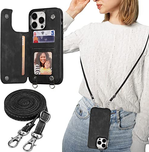 ZTOFERA Crossbody Lanyard Case for iPhone 14 Pro, Matte PU Leather + Soft TPU Flip Wallet Magnetic Back Case with Card Holder Adjustable Shoulder Strap Neck Cord Protective Back Cover, Black