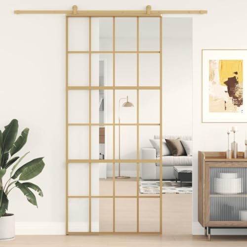 Gecheer Porta,Scorrevole,Kit Montaggio,in Vetro ESG e Alluminio,Oro e Trasparente,90x205 cm,Griglie 6x4,Porte Sorrevoli,Porta Scorrevole in Vetro e Alluminio