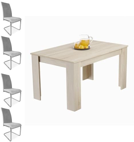 Homey - Pack Mesa de Comedor Extensible, Modelo Queen, Color Cambria + 4 Sillas Tapizadas Acabadas en Marengo, Modelo Skadi, con Patas Cromadas