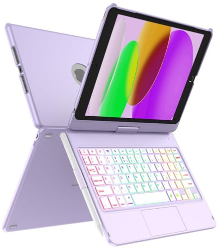 MMK Custodia con Tastiera per iPad 9 Generazione 10.2 2021, Touchpad Intelligente & 360°Touchpad Flip & 7 Colori di Retroilluminazione, Custodia Tastiera con Supporto Pencil per iPad 9th/8th/7th