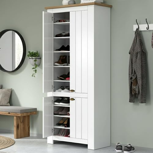 Dmora - Schuhregal Teodoro, platzsparendes Schuhregal mit 4 Türen, multifunktionale Eingangsgarderobe, 84x42h200 cm, Weiß und Eiche