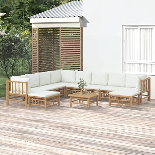 3155193 Salon de jardin 11 pièces avec coussins en bambou blanc crème