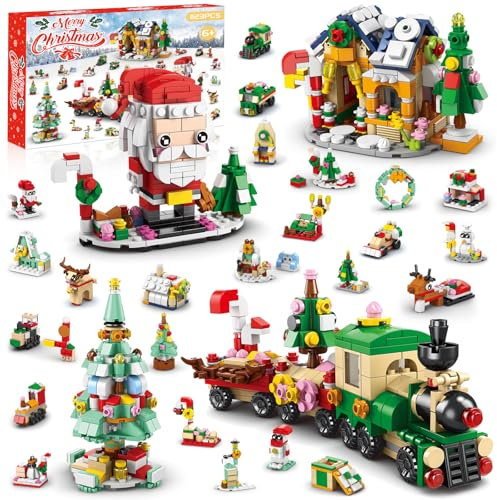 Ulikey Weihnachten Bauset, 24 Sammelüberraschungen, 28-in-1 Weihnachtsbaustein Spielzeug für Kinder ab 6 Jahre, Weihnachten Bausteine Set mit Weihnachtsmann Baum Zug Haus Bauspielzeug