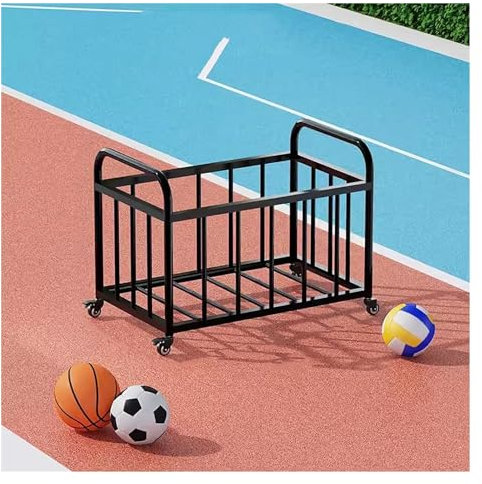 Metal Rolling Outdoor Basketball Storage Rack with Lockable Cover Large Vertical Sports Equipment Organizer Holder for Home Gym Garage Black S.