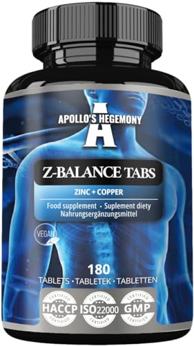 Z-Balance - Zinc 12,5mg + Cooper - 180 Tablets Capsules - 720 Servings - Zinc bisglycinate and Cooper bisglycinate - Supplement for Healthy Hair, Skin and Nails - by Apollo's Hegemony