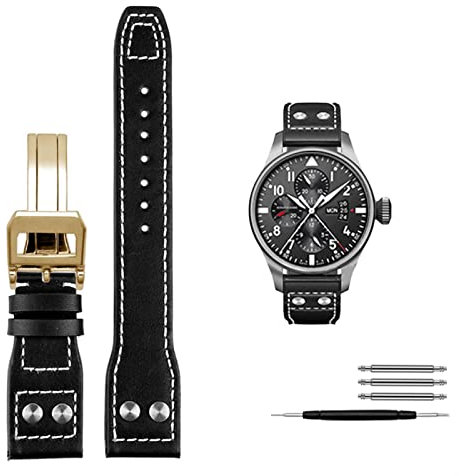 GSZCCZS Echtes Leder Nieten Armband für IWC Big Pilot Spitfire Rindsleder Faltschließe Uhr Herren Armband 21mm 22mm