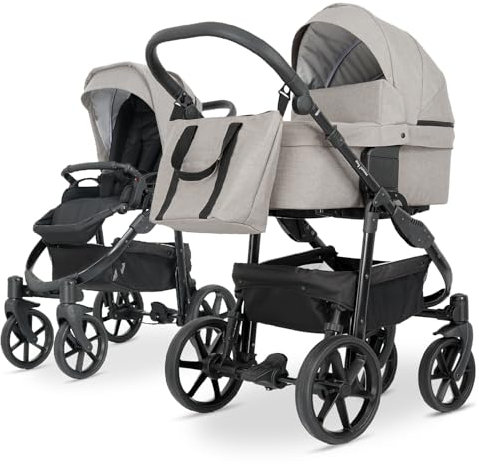 my junior® MIYO² 2in1-Kinderwagen | verstellbare Allrad-Federung | Integrierte Reflektoren | 360° unplattbare Luftkammerreifen | Babywanne klappbar, ventiliert, Wippfunktion - Nature Beige