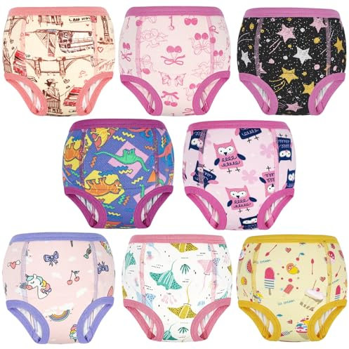 FLYISH DIRECT Girls Potty Training Pants 8 Packs, 100% Cotton Training Pants for Girls and Boys, Reusable Training Pants for Toddler, Absorbent Potty Training Underwear, Pink Mood, 6 Years
