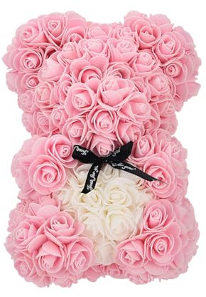 Rosenbär mit transparenter Geschenkbox und schwarzem Band | Rosenblätter Teddybär Geschenke für Frauen | Künstliche Blumen Rosenbär Valentinstag Geschenke (Rosa, M)