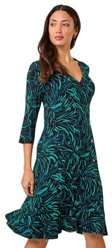Roman Originals Tea Dress for Women UK Ladies Frill Hem Skater Wrap Jersey Stretchy Fit & Flare Flattering Knee Length Cocktail Party Occasion Holiday Going Out - Teal Noir - Size 16