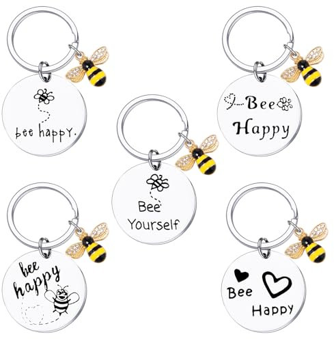 Sixfolo 5 Stück Biene Anhänger Schlüssel Süßer Bienen SchlüsselanhäNger SchlüSselanhäger Damen Klein Edelstahl Biene Dekoration AnhäNger für Geldbörsen Handtasche Rucksack