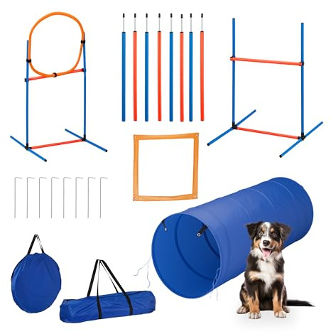 Relaxdays agility Set med 76 delar för hundar, tunnel, justerbara hundtunnlar, hoppring, slalom väska, blå-orange