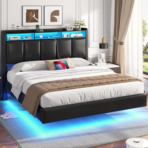 Brinlawb Polsterbett 140x190 cm Schwebebett mit LED-Beleuchtung, Kopfteil und Ladestation(2 AC-Steckdosen, 2 USB-Anschlüsse), Bett 140x190 mit Stauraum, Modern Doppelbett mit lattenrost, Schwarz PU