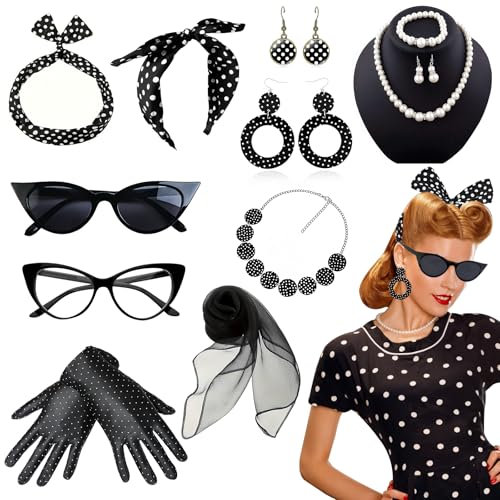 Grantop 50er Jahre Accessoires Damen 12-teilig – Rockabilly Accessoires Damen Set,1950s Retro Kostüm Zubehör mit Chiffon Schal Handschuhen Stirnband Perlenkette Ohrringen für Karneval & Mottoparty