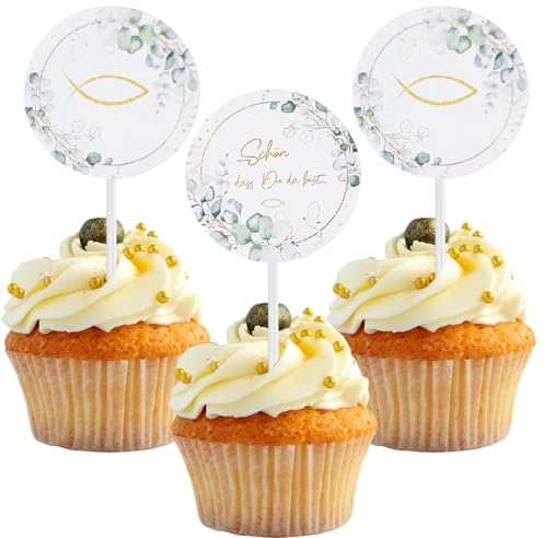 Cake Topper Taufe - 48 Stück Eukalyptus-Fisch-TorteDeko, Zur Kommunion Cake Topper, Zur Taufe Tortendeko Mädchen und Junge Deko