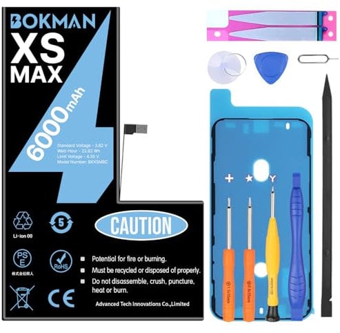 bokman for iPhone XS MAX Battery Replacement, 6000mAh High Capacity Lithium Polymer Battery with All Tool Kits and Adhesive Strips