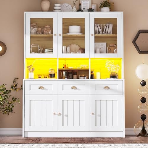 KecDuey Küchenschrank 140 x 40 x175cm, Hochschrank Küchenbuffet, Vitrinenschrank, Midischränke mit Verstellbaren Ablagen, Sideboard mit LED-Beleuchtung,Variable Lichtfarben (Weiß)
