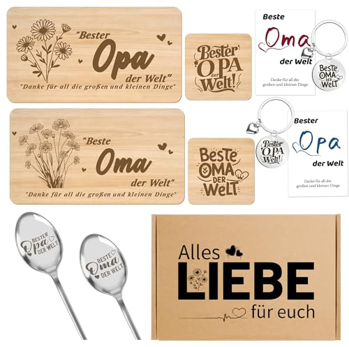 Geschenk für Oma und Opa – 2 Holz-Servierbretter, 2 Holzuntersetzer, 2 Edelstahl-Löffel, 2 Schlüsselanhänger & 2 Grußkarten, Geschenkidee für Großeltern, Geschenkidee zu Weihnachten für Oma und Opa