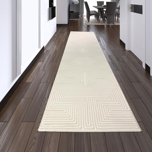 Teppich-Traum Kurzflor Teppich Hoch-Tief Muster Beige 80x300 cm | Pflegeleicht, schmutzabweisend, strapazierfähig, angenehm weich, seitlich gekettelt, langlebig, OEKO-TEX geprüft, 8 mm Flor