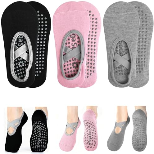IMALPQPP Yoga Socken Damen & Pilates Socken – 3 Paar Stoppersocken Damen (Schwarz, Grau, Pink) mit Silikon, Rutschfest Ideal für Pilates Set, Board, Reformer, Fitness und Tanz