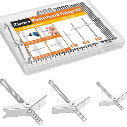 Zynthor M4/M5/M6 Plasterboard Fixings, Spring Toggle Set, 56Pcs | Heavy Duty Hollow Wall Anchors with 28 Screws and 28 Spring Toggles for Plasterboard and Drywall Fixing