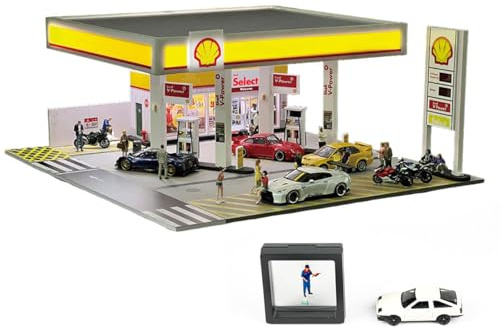 WYFTOY 1/64 Maßstab Shell Tankstelle Modellbausatz mit 1 Auto und Figur, hochdetailliertes Diorama mit LED-Lichtern für Erwachsene, Auto-Display und Szenenfotografie