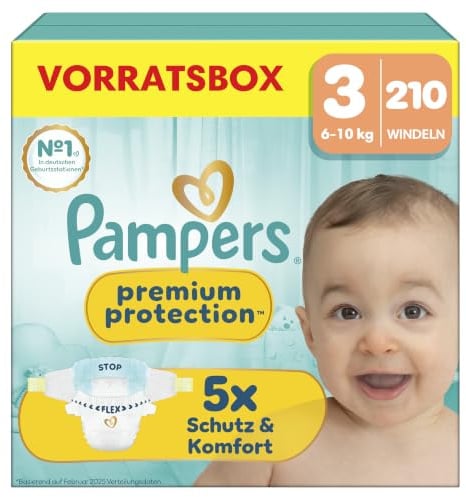 Pampers Premium Protection Größe 3, 210 Windeln, 6kg-10kg | unser Nr. 1 Haut- und Auslaufschutz