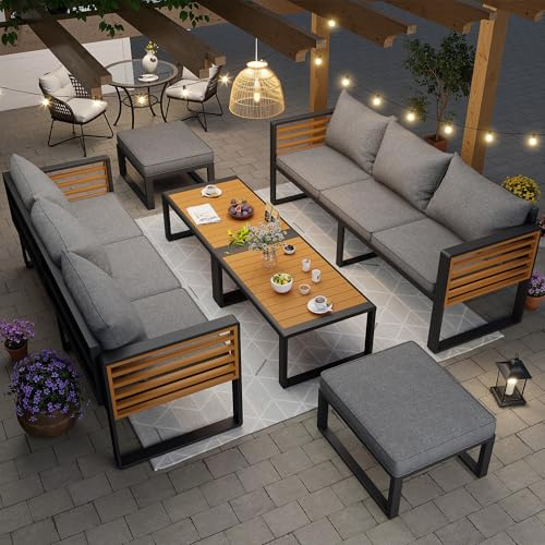 Dolamaní Gartensofa Gartenmöbel Set für 6-8 Personen, Modernes Lounge Möbel Outdoor, verzinktem Eisenrahmen, 2 3-Sitzer Sofa, 2 Hocker, 2 Tisch, mit Abnehmbarem Kissen (Grau B)